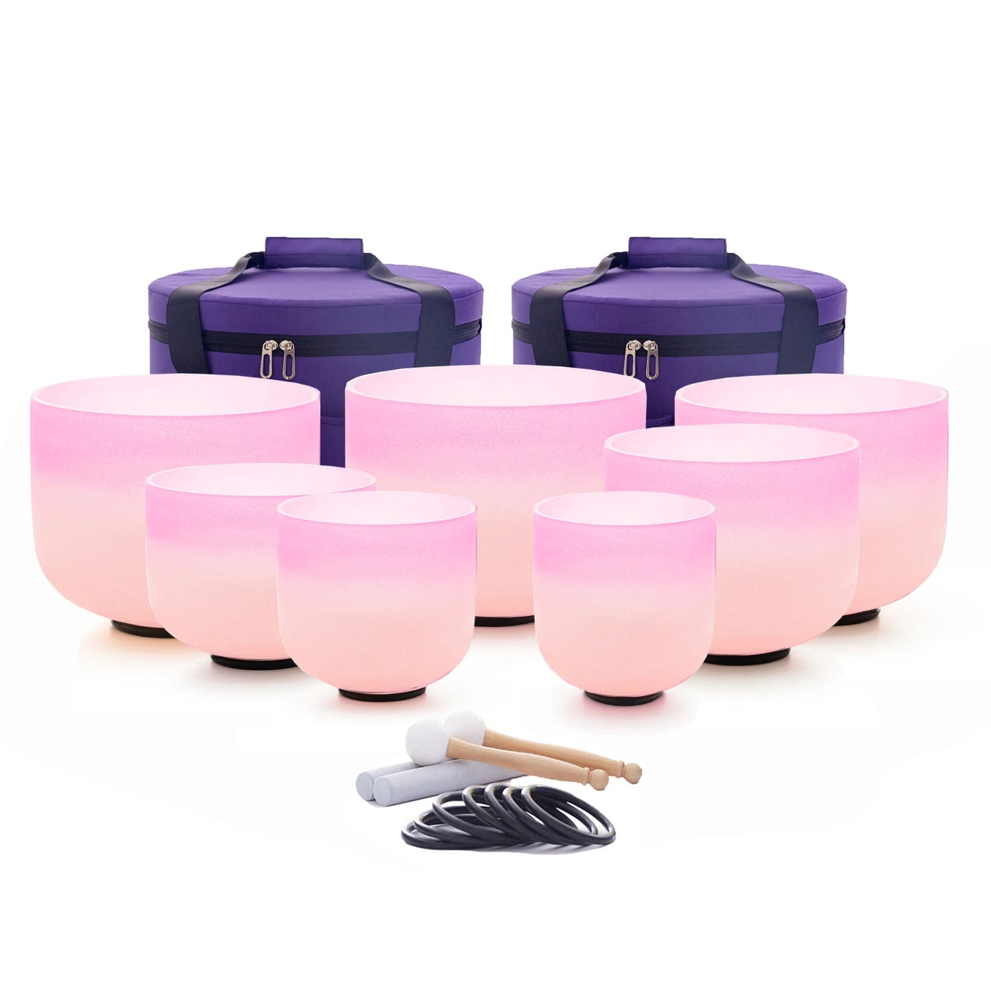Pink dreams - pure quartz singing bowls. Chakra set including accessories.