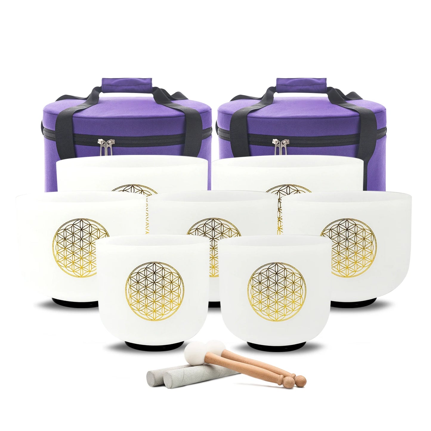 Flower of life - singing bowls in pure quartz. Chakra set of 7 bowls with accessories.