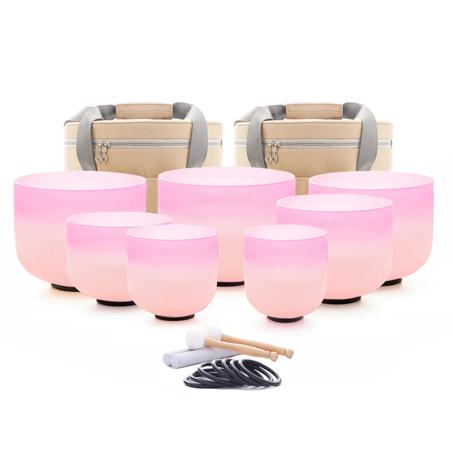 Pink dreams - pure quartz singing bowls. Chakra set including accessories.